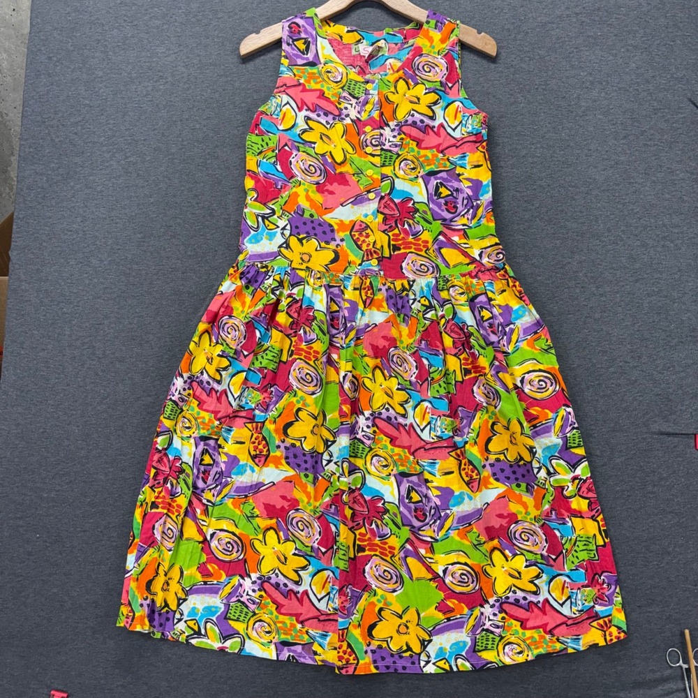 Sita‎ Vintage Abstract Floral Cotton Midi Dress Multi Color Drop Waist Womens M